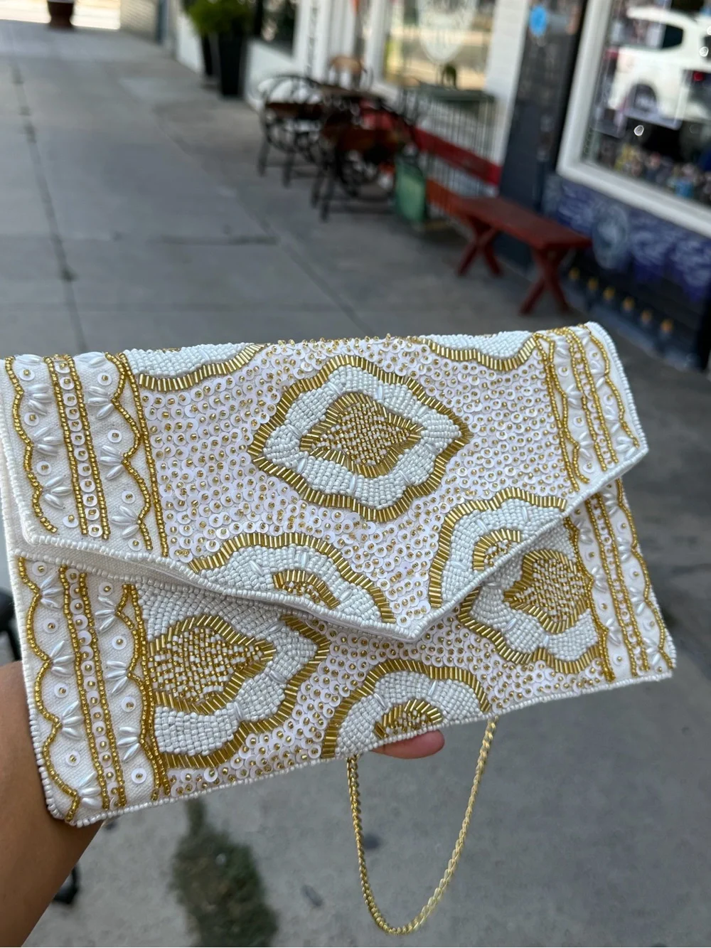 White & Gold Hand Beaded Envelope Clutch Crossbody Bag